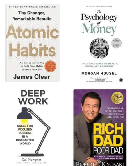 4 bestselling books ATOMIC HABITS + THE PSYCHOLOGY OF MONEY + DEEP WORK + RICH DAD POOR DAD in english