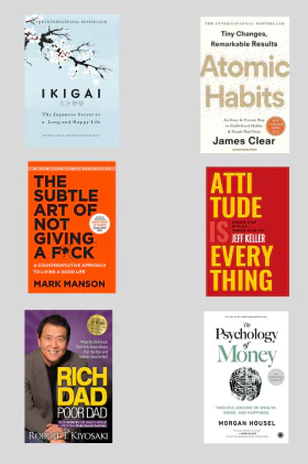 Atomic habit +Psychology of money + Ikigai +Rich Dad Poor Dad +The Subtle art not giving fck + +The Subtle art not giving fck +Attitude is Everything 6 books combo  (Paperback)
