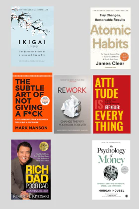Atomic habit +Psychology of money + Ikigai +Rich Dad Poor Dad +The Subtle art not giving fck + +The Subtle art not giving fck +Attitude is Everything 6 books combo +Rework 7 Books Combo (Paperback)