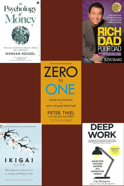 Ikigai+deep work +the psychology of money+rich dad poor dad+zero to one best 5books combo