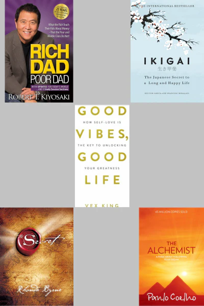 Combo of 5 Bestselling Books (English, Paperback Edition)  Rich Dad Poor Dad + Good Vibes, Good Life + The Secret + The Alchemist + Ikigai