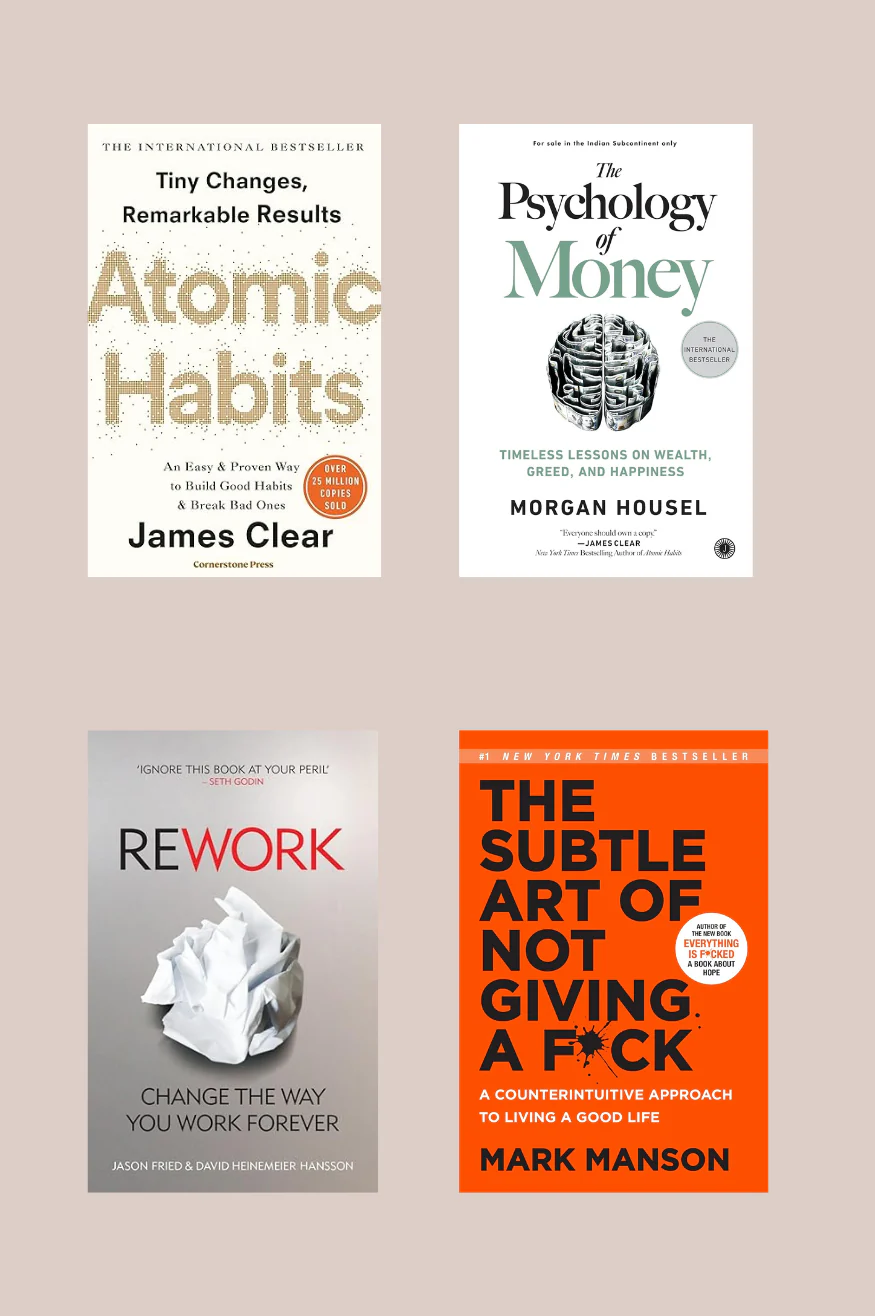 Combo set of 4 books:-Atomic Habits + Rework + The Psychology Of Money + The Subtle Art Of Not Giving (Paperback)