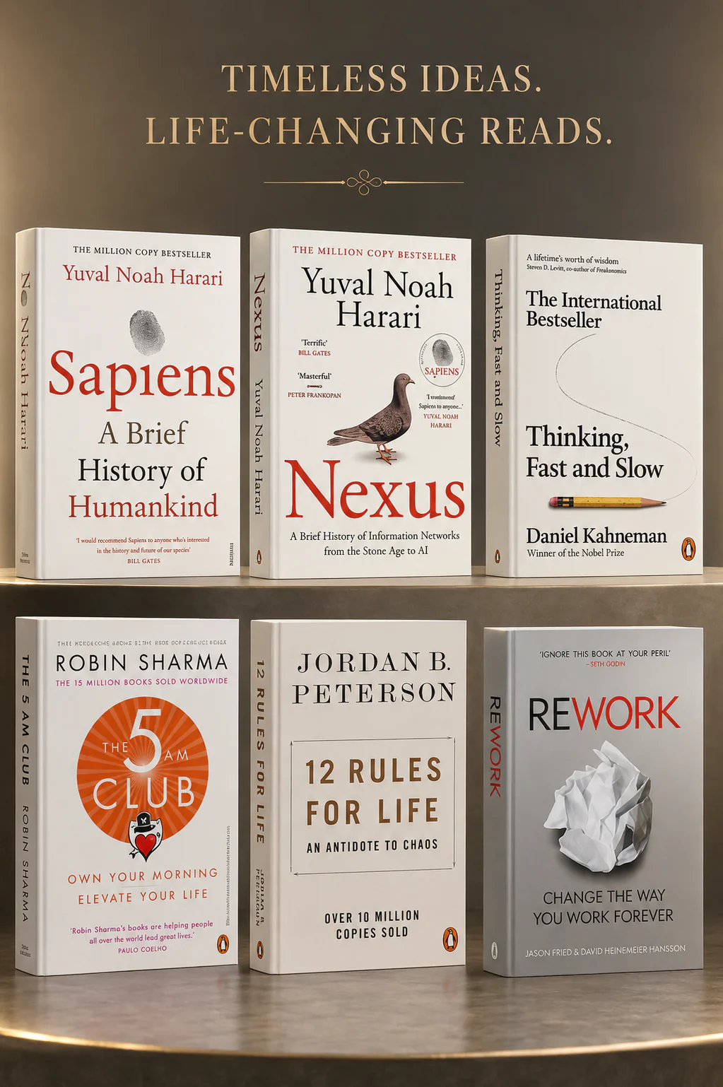 Self-Help & Personal Growth Books Combo (Set of 6) | Sapiens, Nexus, Thinking Fast and Slow, The 5 AM Club, 12 Rules for Life & Rework